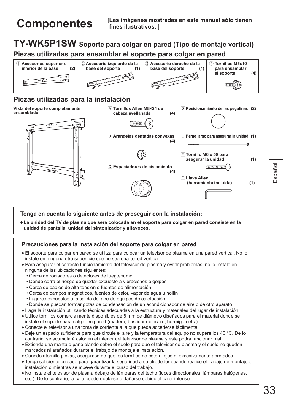 Componentes, Ty-wk5p1sw, Piezas utilizadas para la instalación | Panasonic TYWK5P1SW User Manual | Page 33 / 80