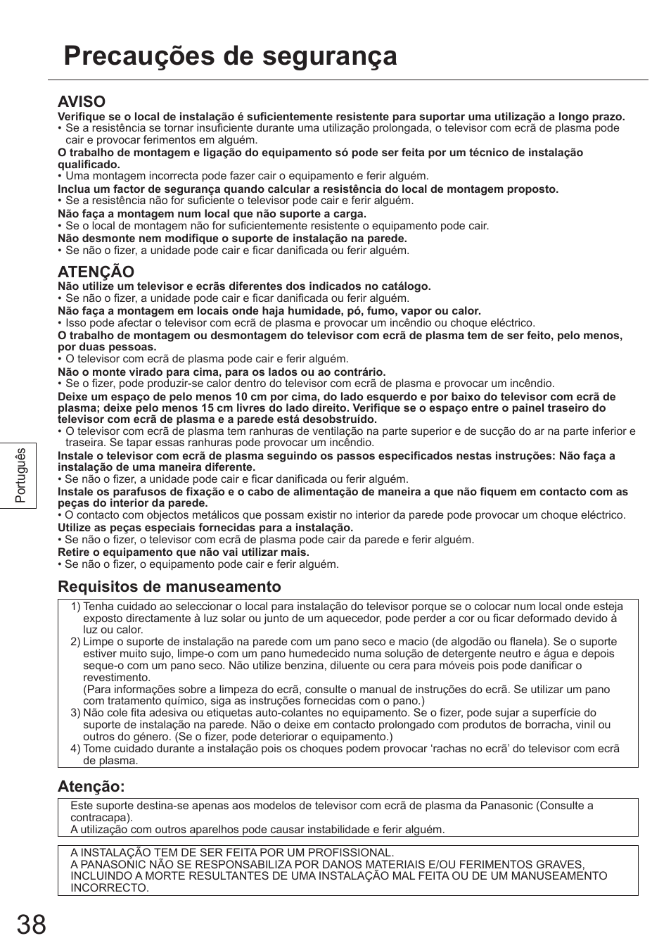 Precauções de segurança, Aviso, Atenção | Requisitos de manuseamento | Panasonic TYWK5P1SW User Manual | Page 38 / 80