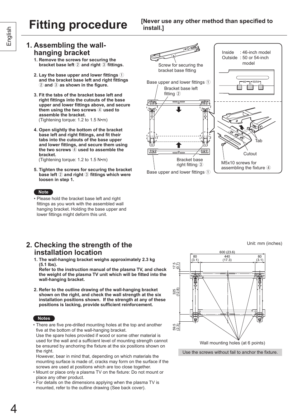 Fitting procedure, Assembling the wall- hanging bracket, Checking the strength of the installation location | English | Panasonic TYWK5P1SW User Manual | Page 4 / 80