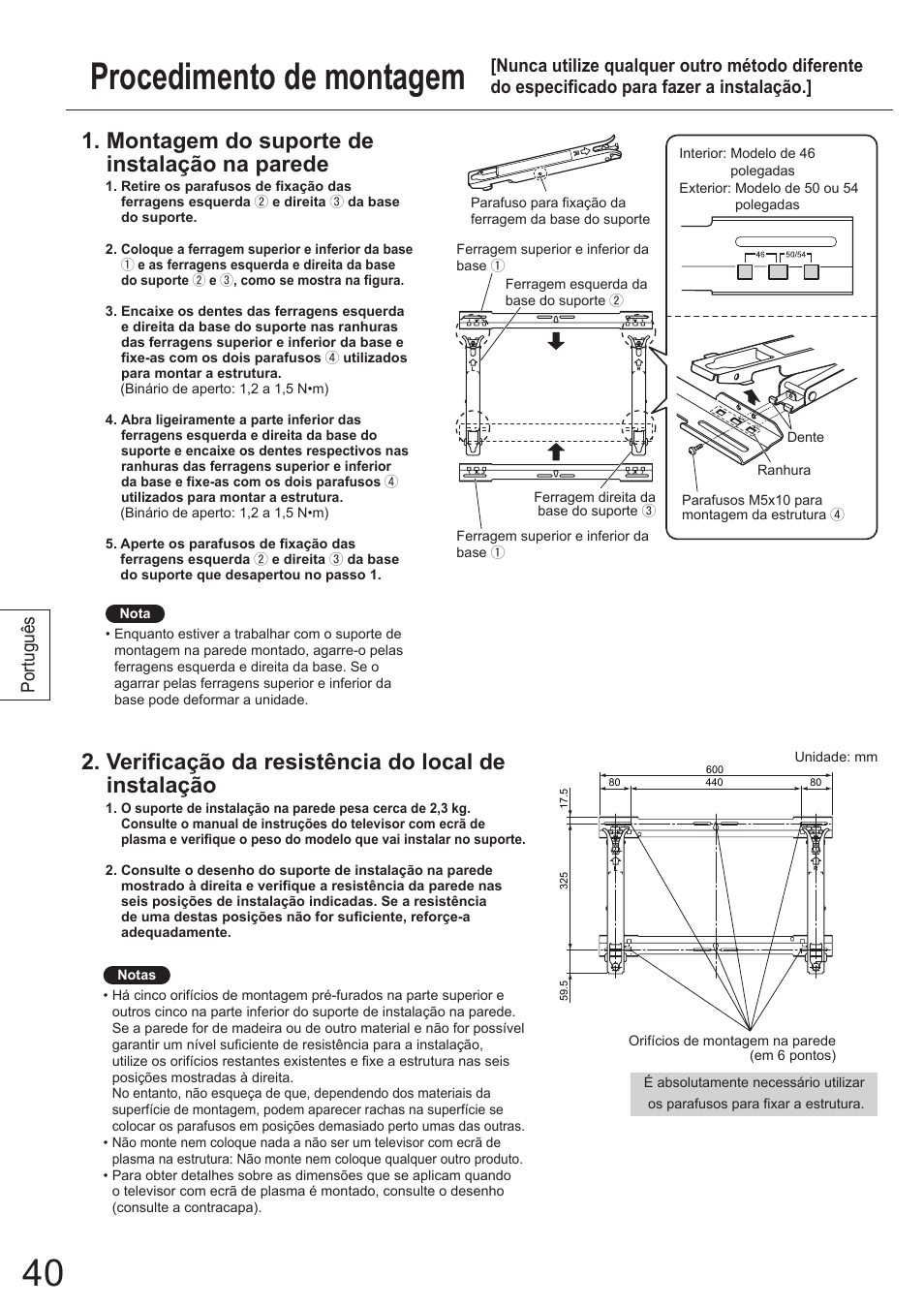 Procedimento de montagem, Montagem do suporte de instalação na parede, Verificação da resistência do local de instalação | Português | Panasonic TYWK5P1SW User Manual | Page 40 / 80