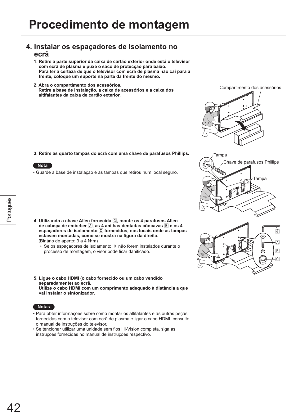 Procedimento de montagem, Instalar os espaçadores de isolamento no ecrã | Panasonic TYWK5P1SW User Manual | Page 42 / 80