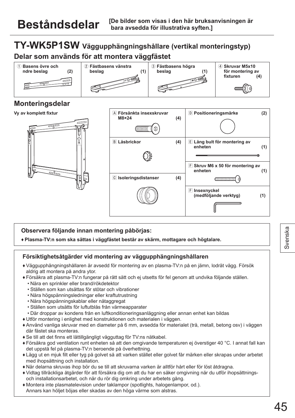 Beståndsdelar, Ty-wk5p1sw, Delar som används för att montera väggfästet | Monteringsdelar, Väggupphängningshållare (vertikal monteringstyp) | Panasonic TYWK5P1SW User Manual | Page 45 / 80