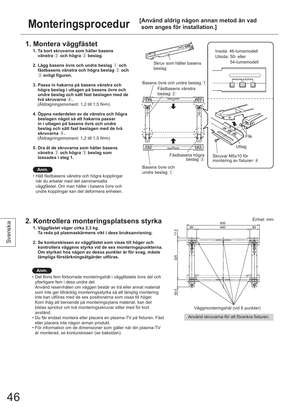 Monteringsprocedur, Montera väggfästet, Kontrollera monteringsplatsens styrka | Svenska | Panasonic TYWK5P1SW User Manual | Page 46 / 80