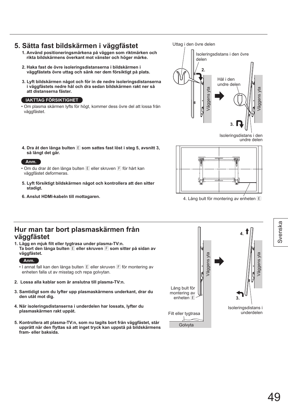 Sätta fast bildskärmen i väggfästet, Hur man tar bort plasmaskärmen från väggfästet, Svenska | Panasonic TYWK5P1SW User Manual | Page 49 / 80