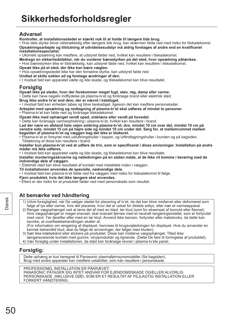 Sikkerhedsforholdsregler, Advarsel, Forsigtig | At bemærke ved håndtering | Panasonic TYWK5P1SW User Manual | Page 50 / 80