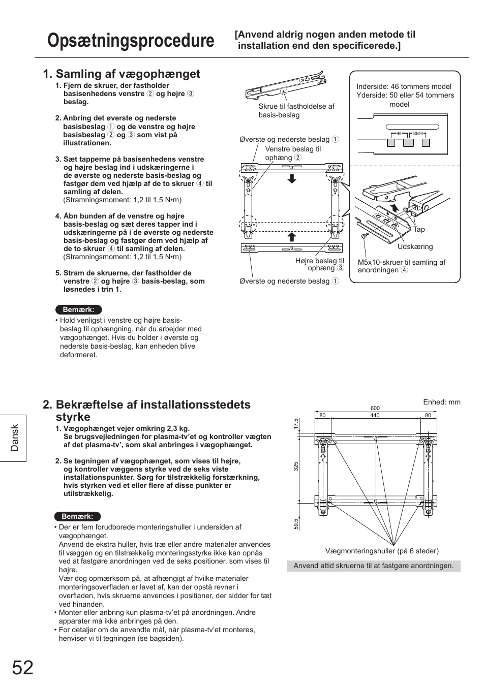 Opsætningsprocedure, Samling af vægophænget, Bekræftelse af installationsstedets styrke | Dansk | Panasonic TYWK5P1SW User Manual | Page 52 / 80