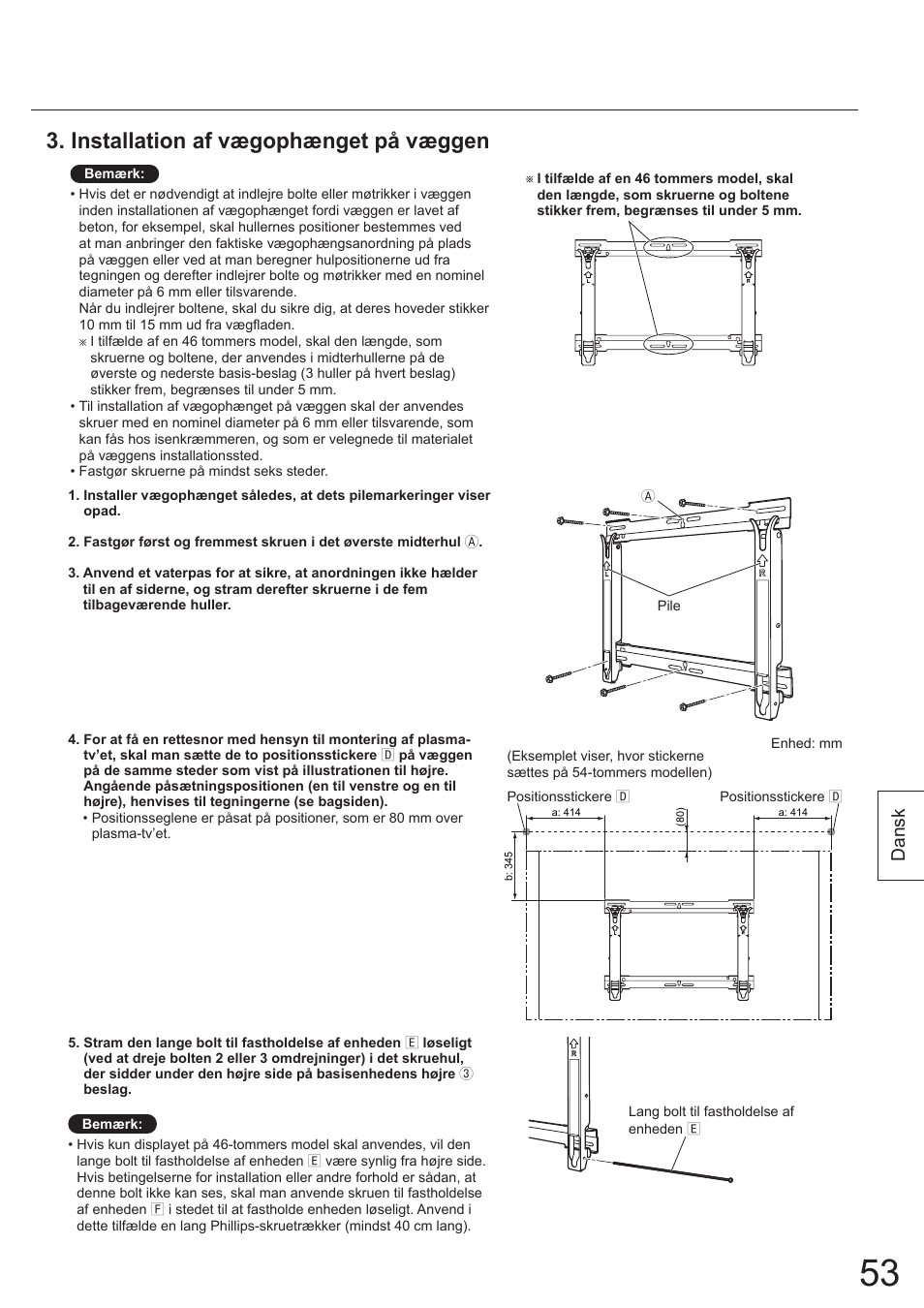 Installation af vægophænget på væggen, Dansk | Panasonic TYWK5P1SW User Manual | Page 53 / 80