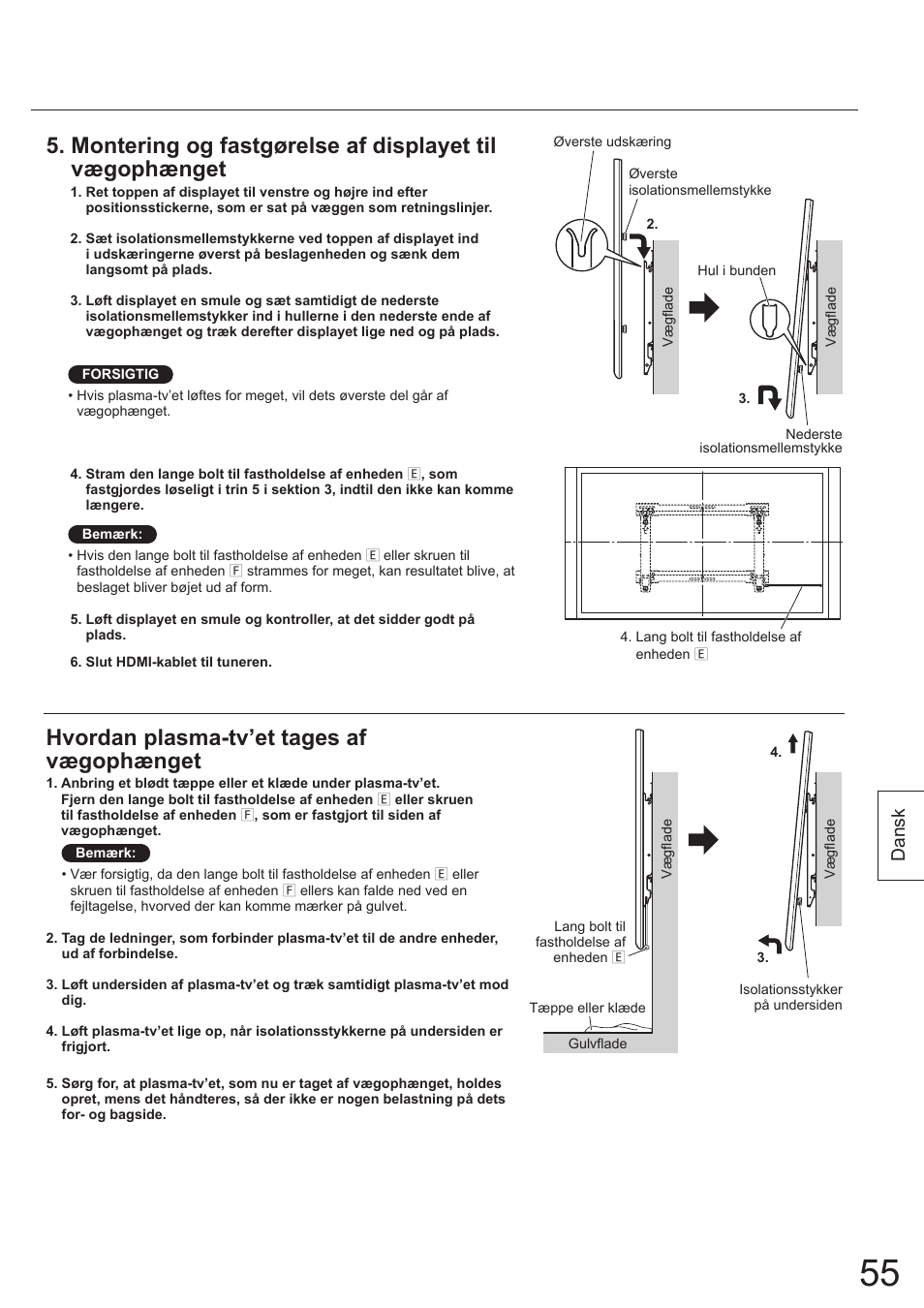 Hvordan plasma-tv’et tages af vægophænget, Dansk | Panasonic TYWK5P1SW User Manual | Page 55 / 80