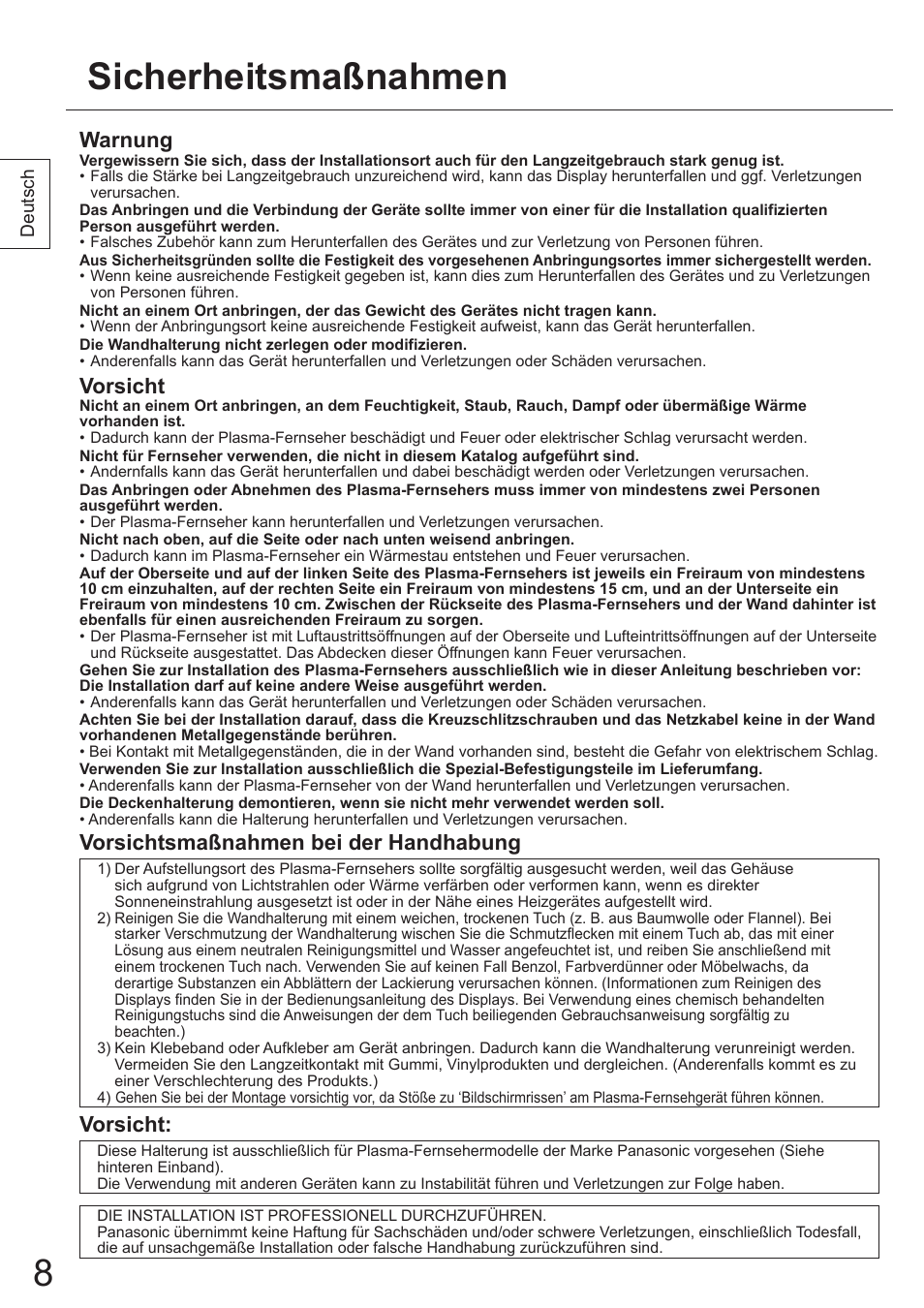 Sicherheitsmaßnahmen, Warnung, Vorsicht | Vorsichtsmaßnahmen bei der handhabung | Panasonic TYWK5P1SW User Manual | Page 8 / 80