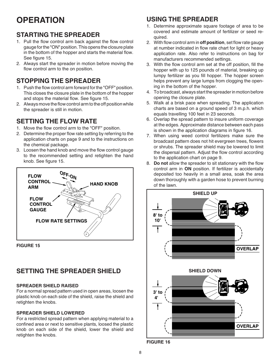 Operation, Starting the spreader, Stopping the spreader | Setting the flow rate, Setting the spreader shield, Using the spreader | Agri-Fab 45-02101-101 User Manual | Page 8 / 12