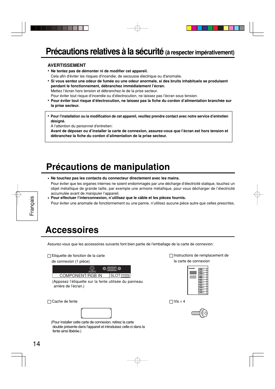 Précautions relatives à la sécurité, Accessoires, Précautions de manipulation | À respecter impérativement) | Panasonic TY42TM6P User Manual | Page 14 / 24