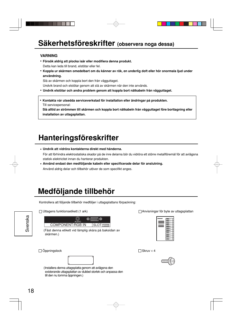 Säkerhetsföreskrifter, Medföljande tillbehör, Hanteringsföreskrifter | Observera noga dessa) | Panasonic TY42TM6P User Manual | Page 18 / 24