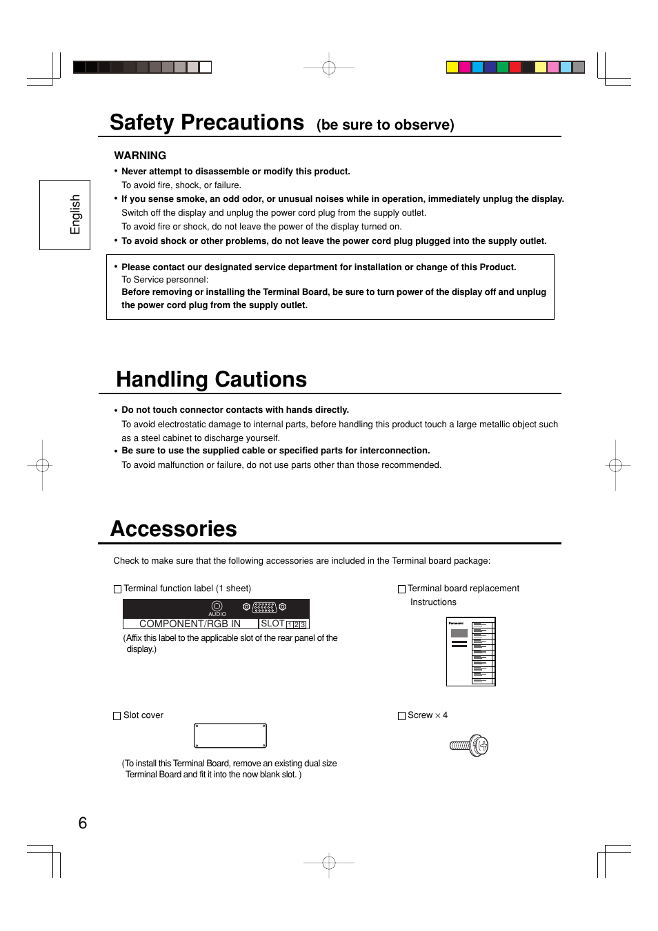 Safety precautions, Accessories, Handling cautions | Be sure to observe) | Panasonic TY42TM6P User Manual | Page 6 / 24