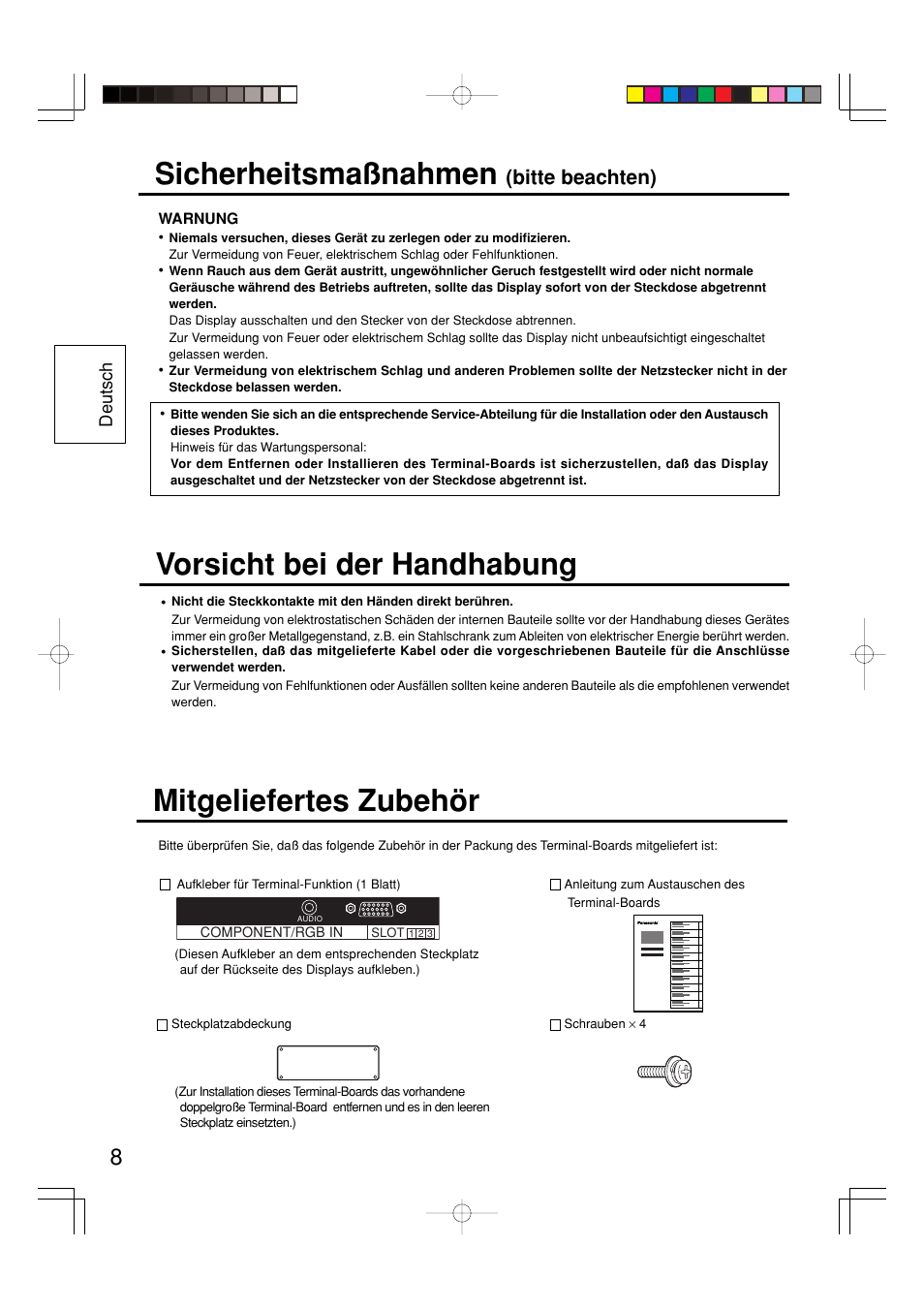 Sicherheitsmaßnahmen, Mitgeliefertes zubehör, Vorsicht bei der handhabung | Bitte beachten) | Panasonic TY42TM6P User Manual | Page 8 / 24