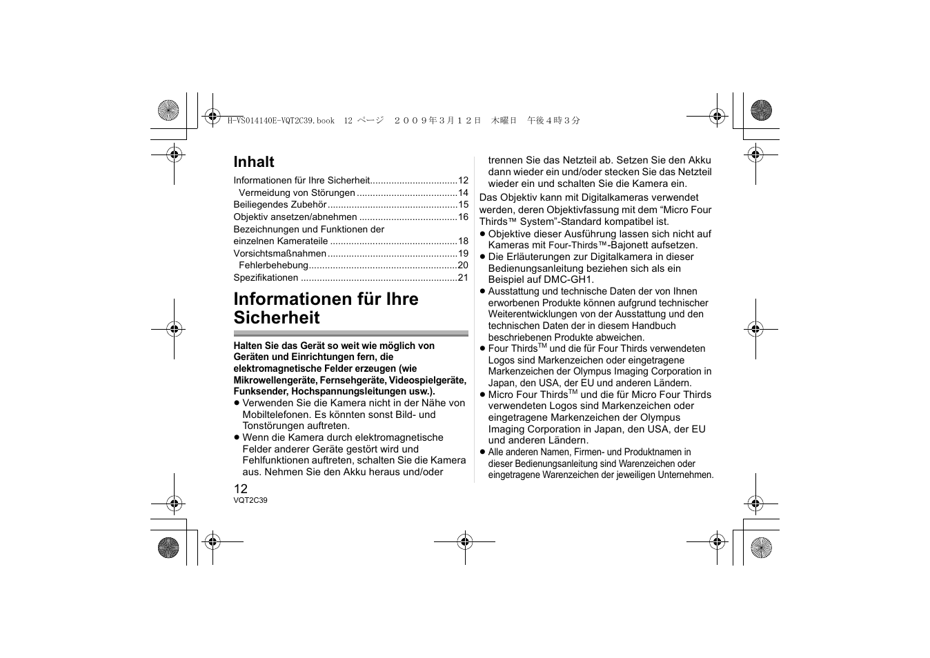 Informationen für ihre sicherheit, Inhalt | Panasonic HVS014140E User Manual | Page 12 / 72