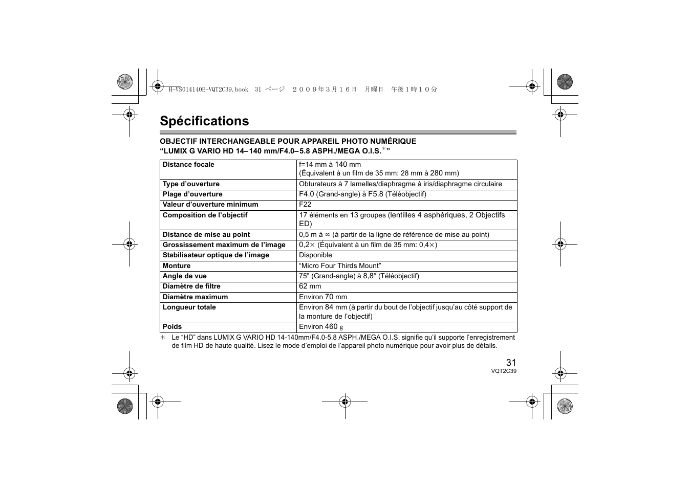 Spécifications | Panasonic HVS014140E User Manual | Page 31 / 72