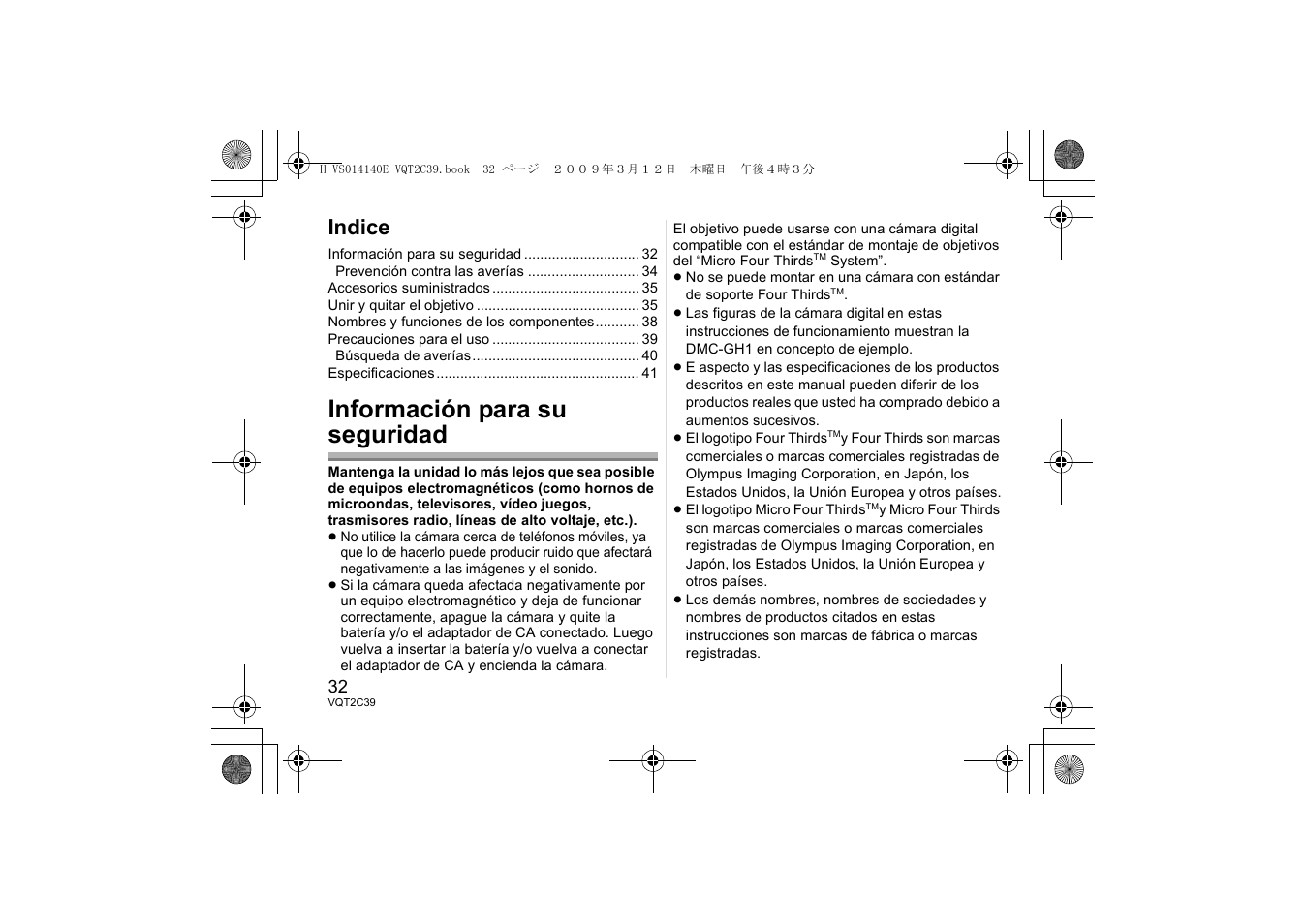Información para su seguridad, Indice | Panasonic HVS014140E User Manual | Page 32 / 72