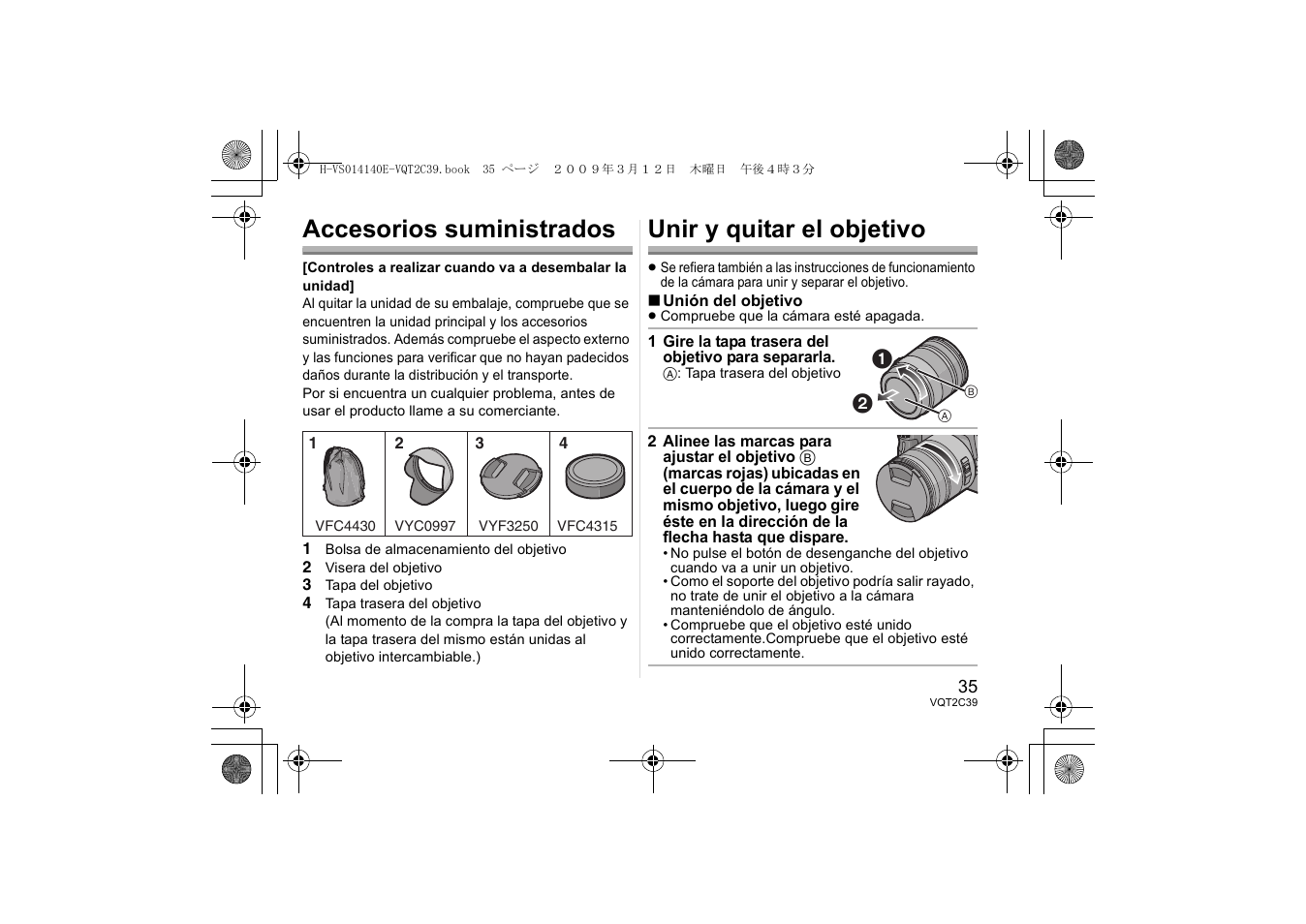 Accesorios suministrados, Unir y quitar el objetivo | Panasonic HVS014140E User Manual | Page 35 / 72