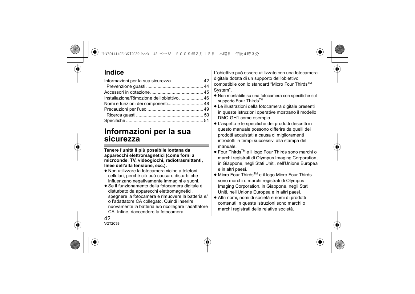 Informazioni per la sua sicurezza, Indice | Panasonic HVS014140E User Manual | Page 42 / 72