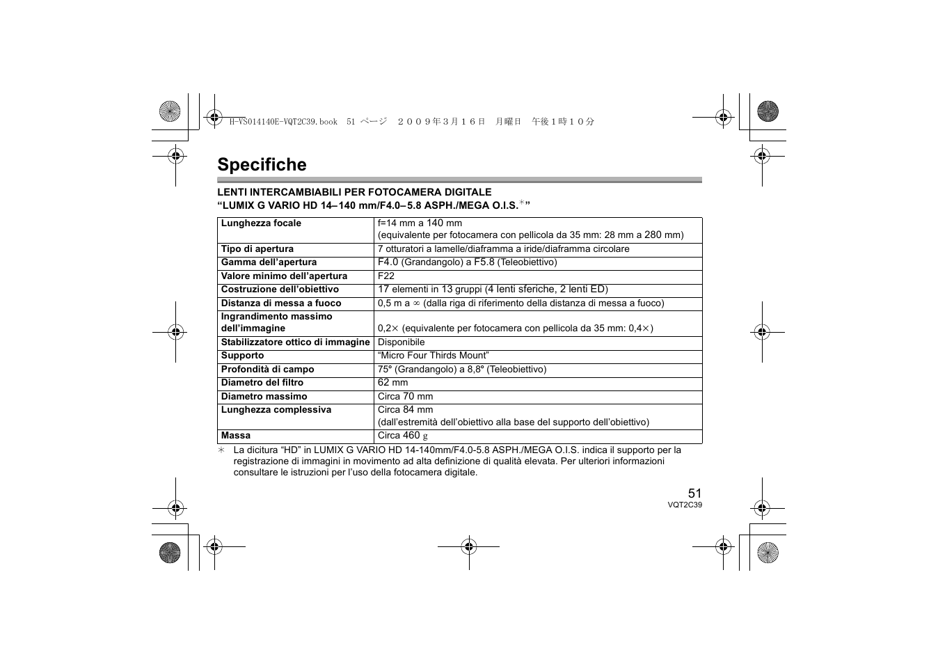 Specifiche | Panasonic HVS014140E User Manual | Page 51 / 72