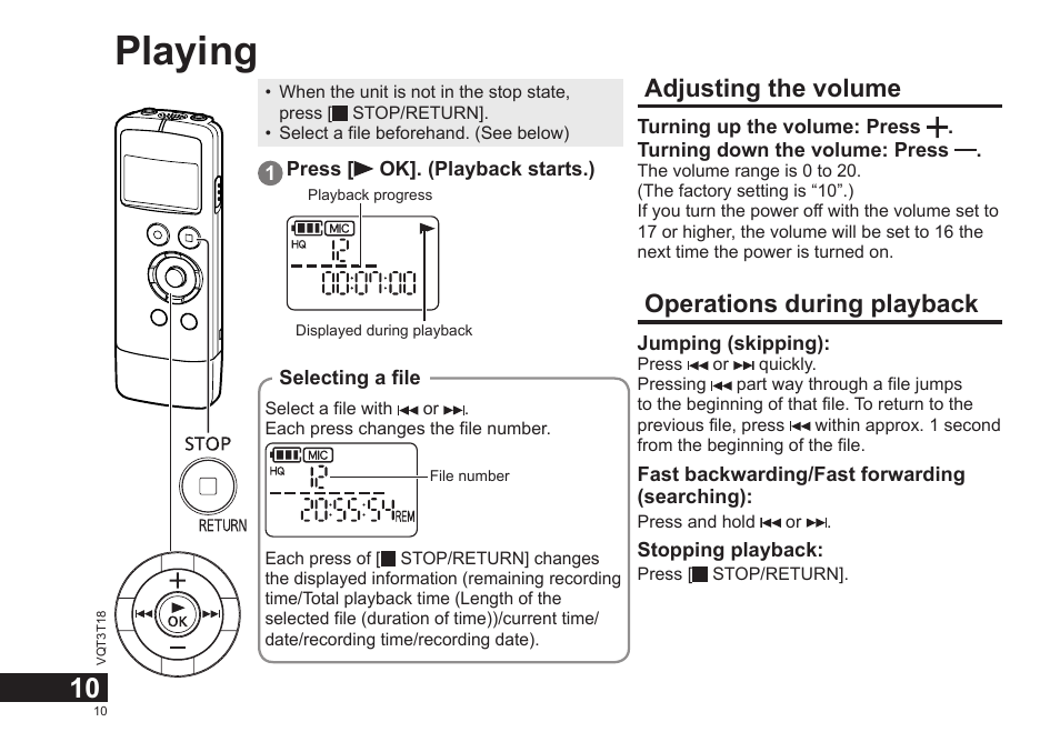 Playing, Adjusting the volume, Operations during playback | Panasonic RRUS300E User Manual | Page 10 / 136