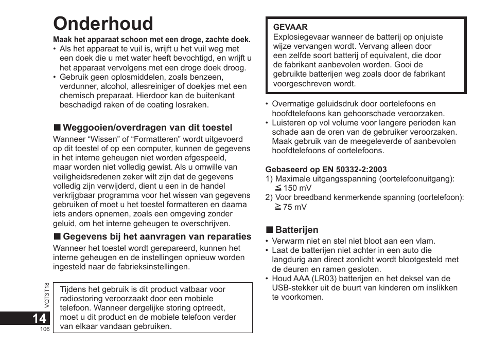 Onderhoud | Panasonic RRUS300E User Manual | Page 106 / 136