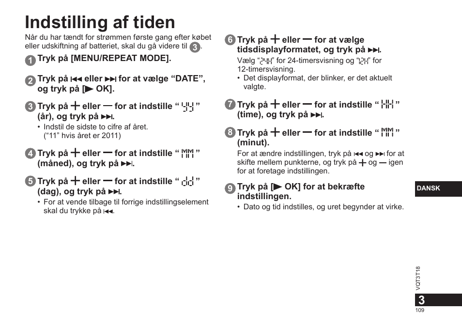 Indstilling af tiden | Panasonic RRUS300E User Manual | Page 109 / 136
