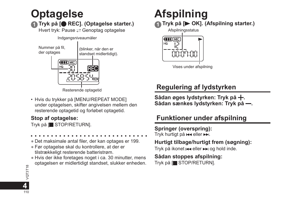 Optagelse afspilning, Regulering af lydstyrken, Funktioner under afspilning | Panasonic RRUS300E User Manual | Page 110 / 136
