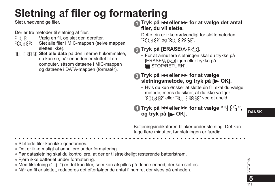 Sletning af filer og formatering | Panasonic RRUS300E User Manual | Page 111 / 136