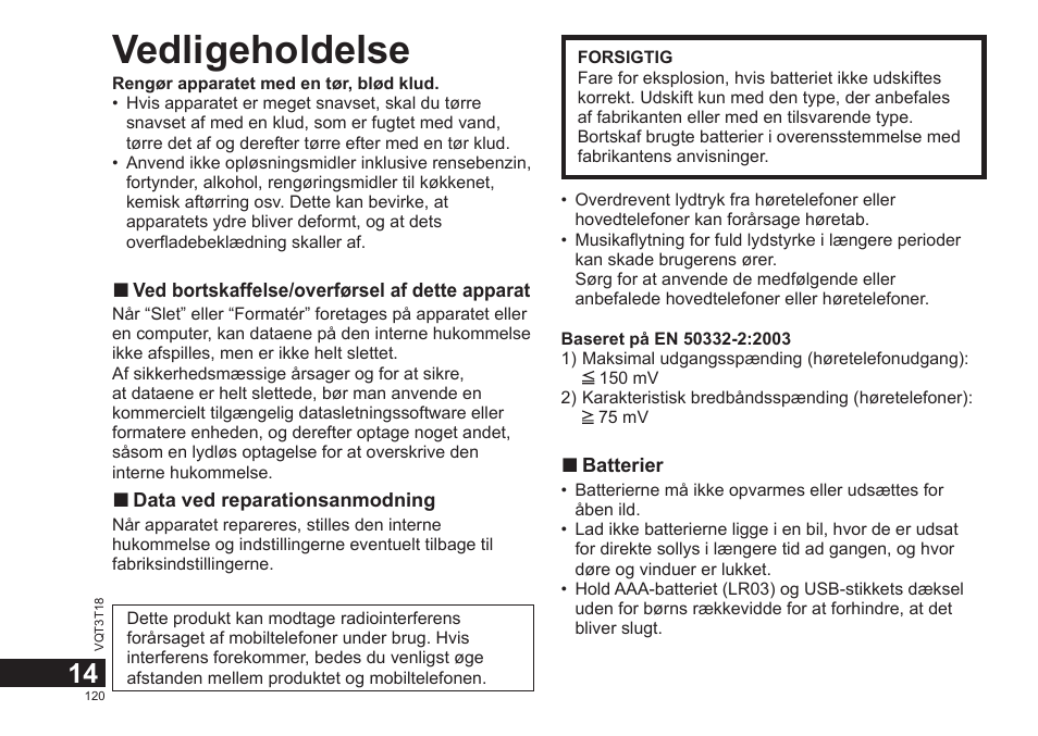 Vedligeholdelse | Panasonic RRUS300E User Manual | Page 120 / 136