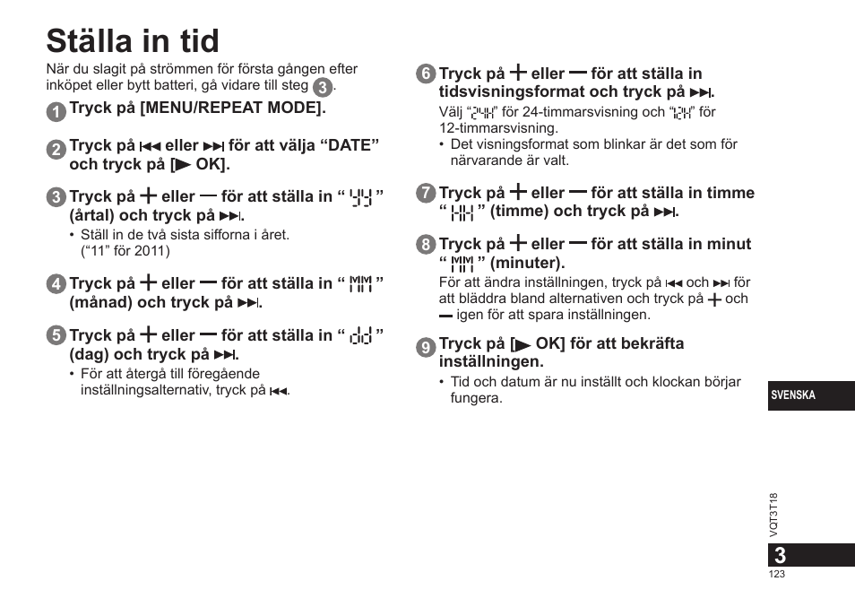 Ställa in tid | Panasonic RRUS300E User Manual | Page 123 / 136