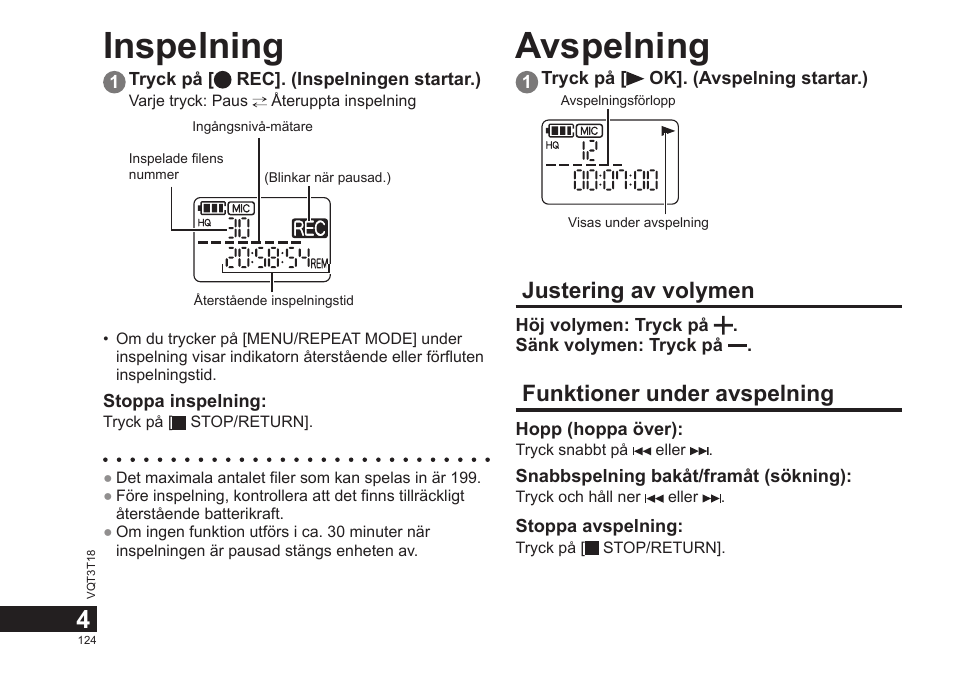 Inspelning avspelning, Justering av volymen, Funktioner under avspelning | Panasonic RRUS300E User Manual | Page 124 / 136