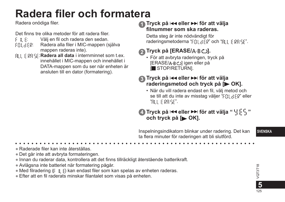 Radera filer och formatera | Panasonic RRUS300E User Manual | Page 125 / 136