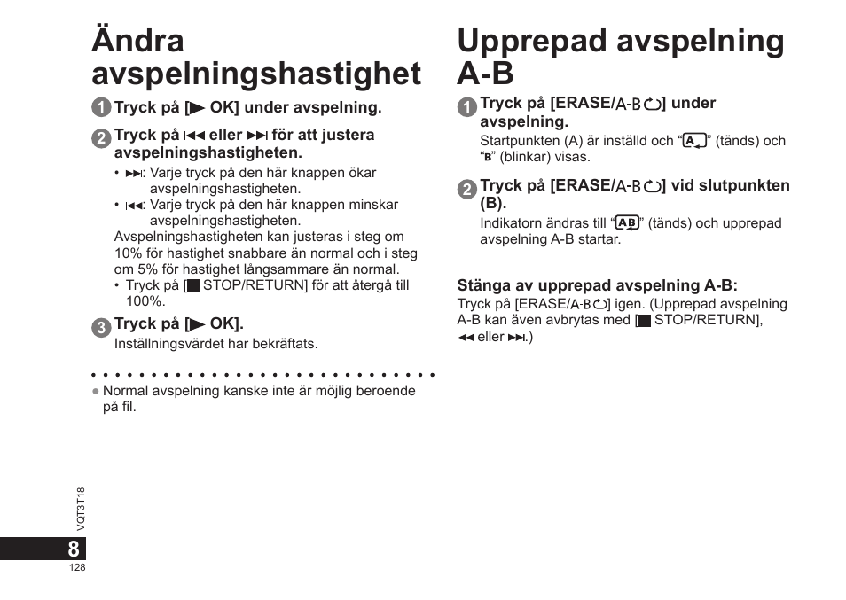 Ändra avspelningshastighet upprepad avspelning a-b | Panasonic RRUS300E User Manual | Page 128 / 136