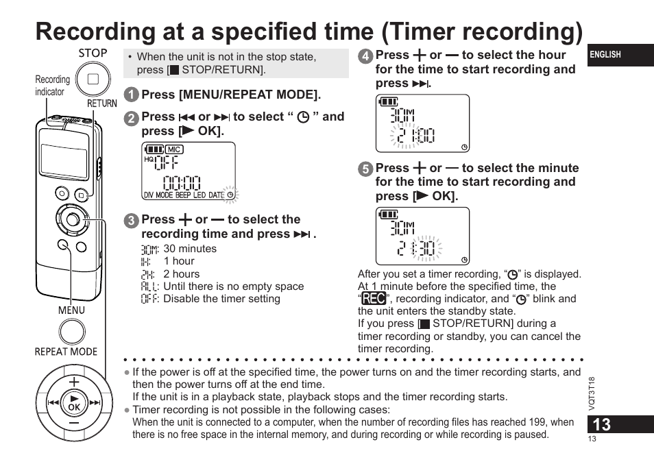 Recording at a specified time (timer recording) | Panasonic RRUS300E User Manual | Page 13 / 136
