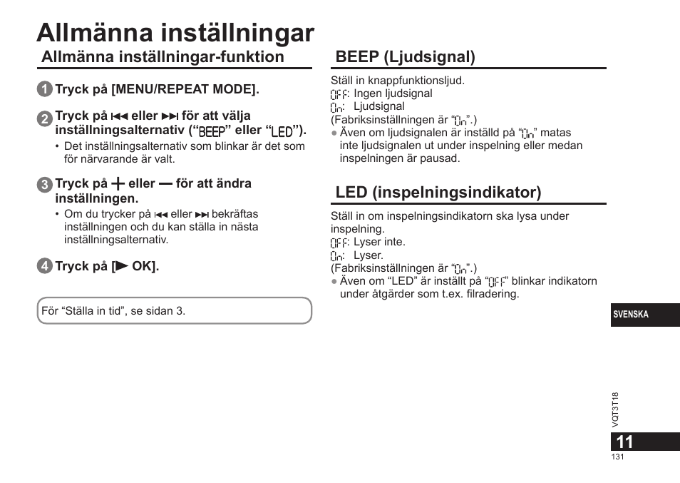 Allmänna inställningar, Allmänna inställningar-funktion, Beep (ljudsignal) | Led (inspelningsindikator) | Panasonic RRUS300E User Manual | Page 131 / 136