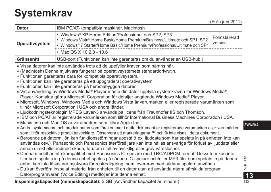 Systemkrav | Panasonic RRUS300E User Manual | Page 133 / 136