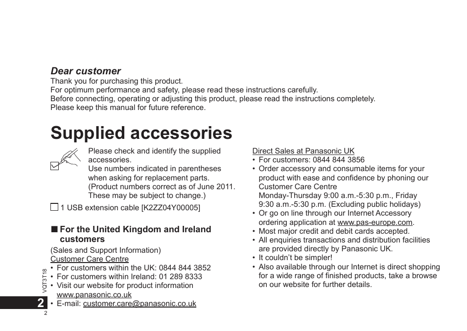 Supplied accessories | Panasonic RRUS300E User Manual | Page 2 / 136