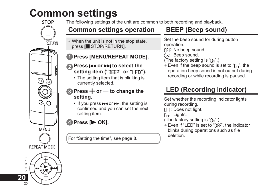 Common settings, Common settings operation, Beep (beep sound) | Led (recording indicator) | Panasonic RRUS300E User Manual | Page 20 / 136