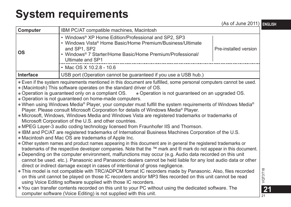 System requirements | Panasonic RRUS300E User Manual | Page 21 / 136