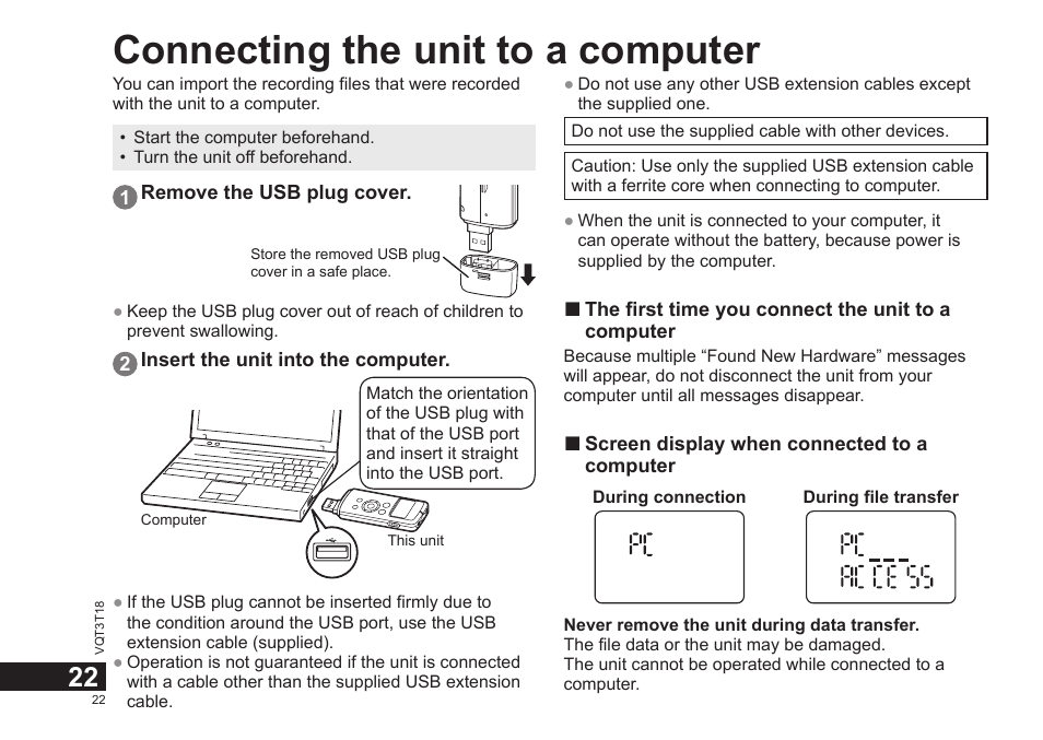 Connecting the unit to a computer | Panasonic RRUS300E User Manual | Page 22 / 136