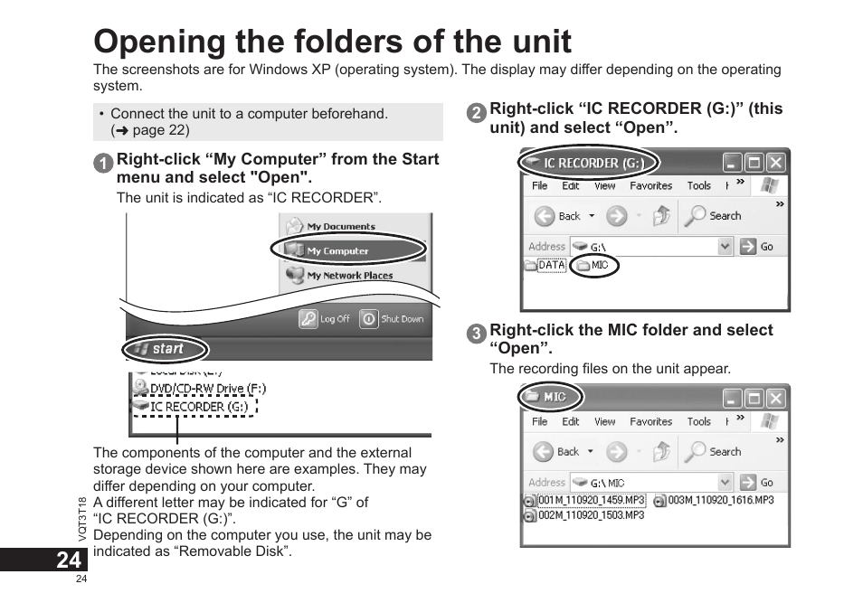 Opening the folders of the unit | Panasonic RRUS300E User Manual | Page 24 / 136