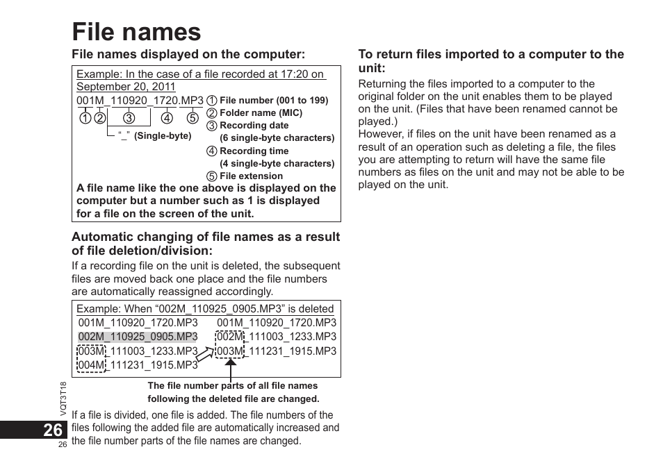 File names | Panasonic RRUS300E User Manual | Page 26 / 136