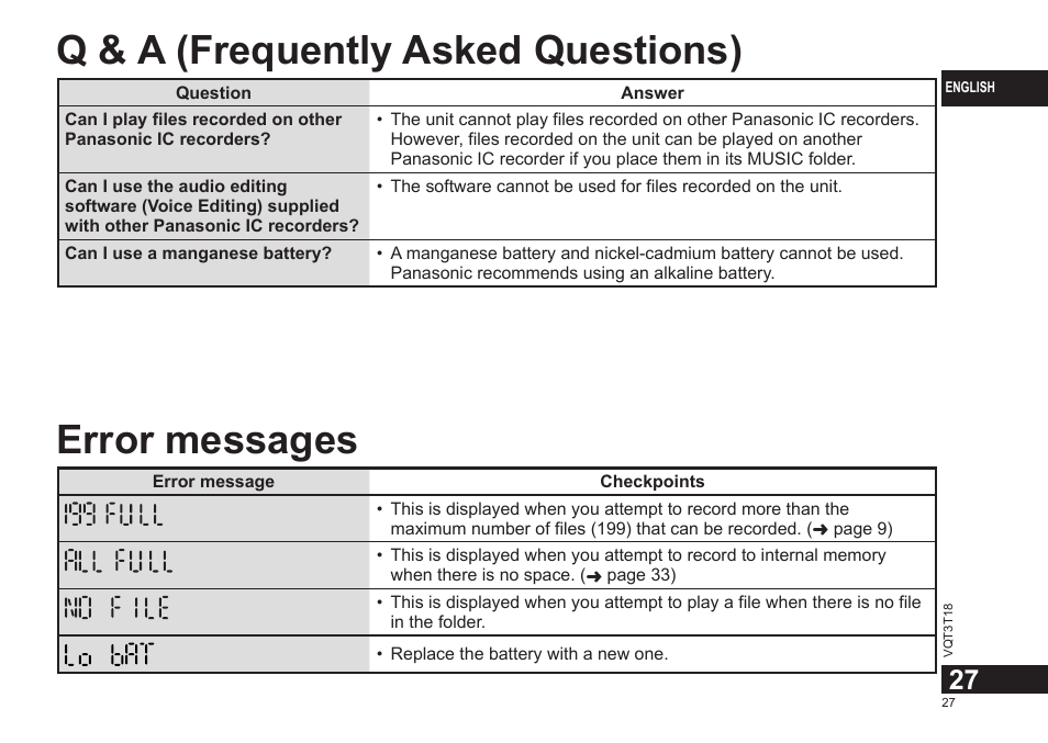 Q & a (frequently asked questions), Error messages | Panasonic RRUS300E User Manual | Page 27 / 136