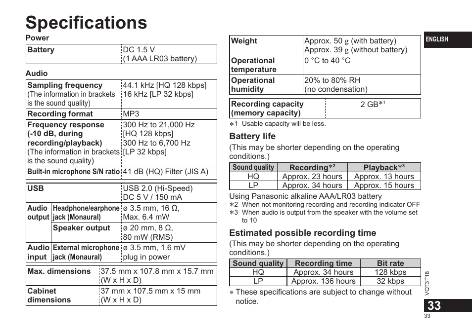 Specifications | Panasonic RRUS300E User Manual | Page 33 / 136