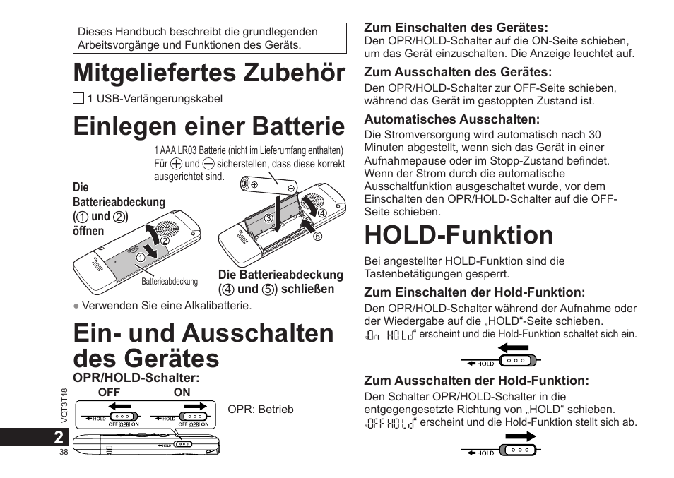 Mitgeliefertes zubehör, Einlegen einer batterie, Ein- und ausschalten des gerätes | Hold-funktion | Panasonic RRUS300E User Manual | Page 38 / 136