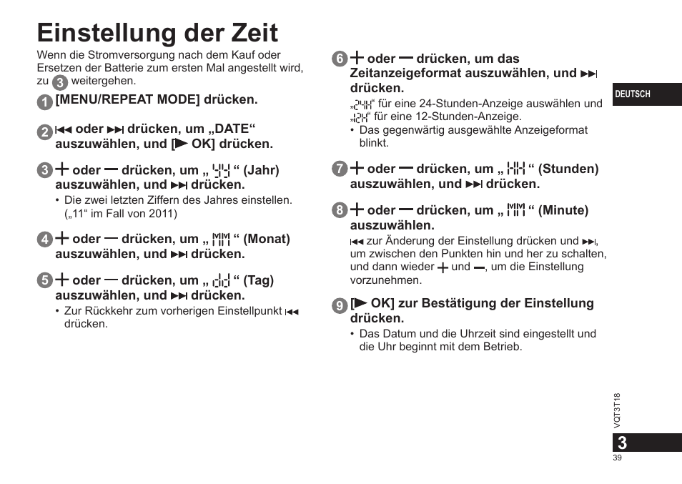Einstellung der zeit | Panasonic RRUS300E User Manual | Page 39 / 136