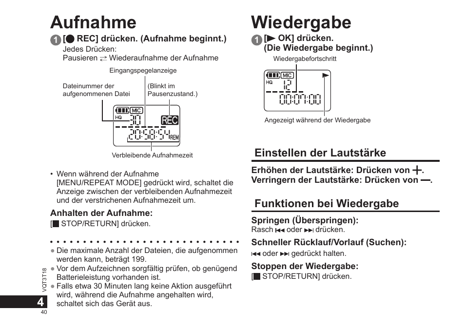 Aufnahme wiedergabe, Einstellen der lautstärke, Funktionen bei wiedergabe | Panasonic RRUS300E User Manual | Page 40 / 136