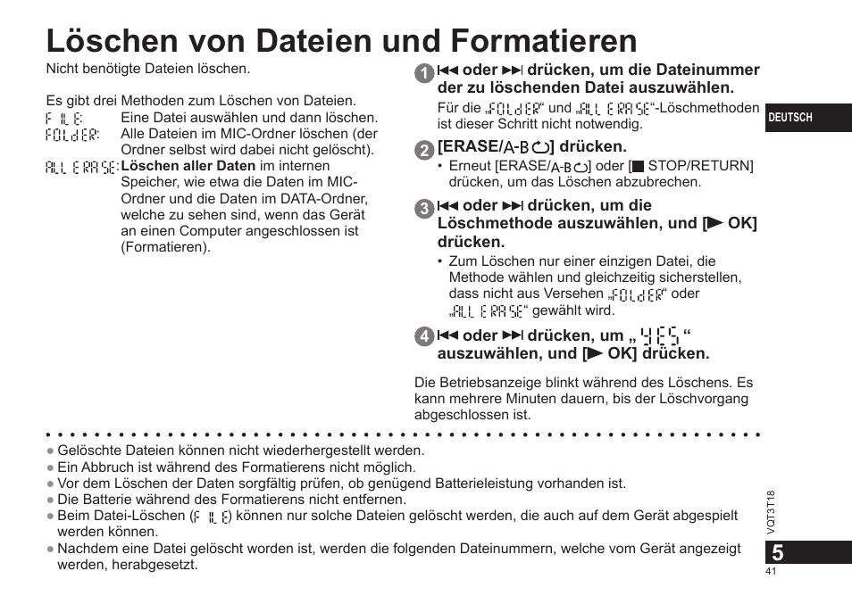 Löschen von dateien und formatieren | Panasonic RRUS300E User Manual | Page 41 / 136