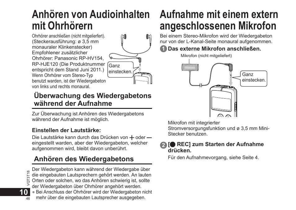 Anhören von audioinhalten mit ohrhörern, Aufnahme mit einem extern angeschlossenen mikrofon | Panasonic RRUS300E User Manual | Page 46 / 136